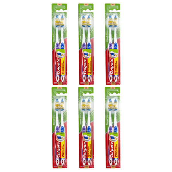 Six packs of Colgate Classic Clean Full Head Soft Toothbrushes (brand: Colgate) are shown, totaling 12 soft toothbrushes.